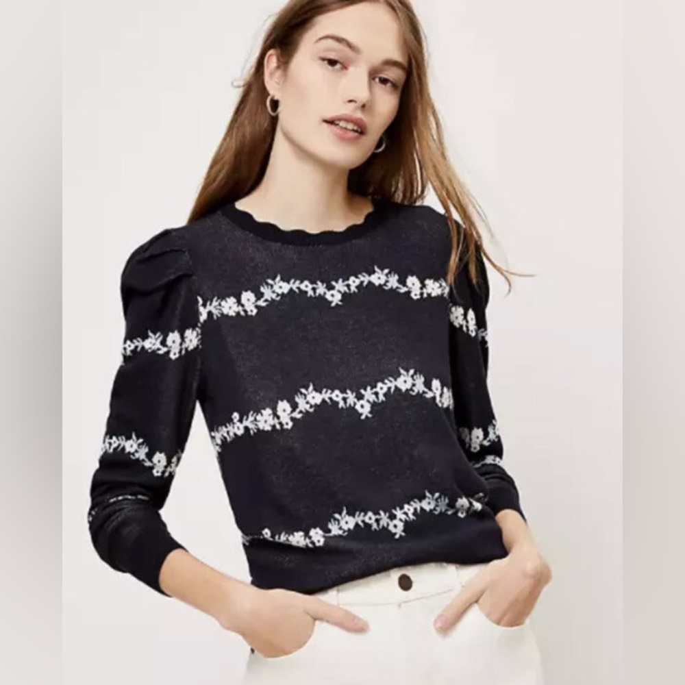 LOFT Floral Puff Sleeve Sweater in Navy Blue